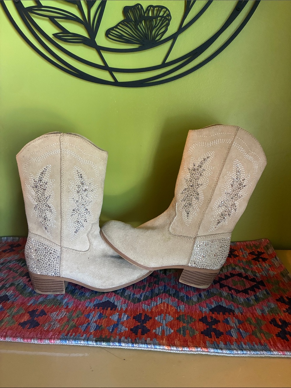 Girl’s Tan Faux Suede Cowgirl Western Boots with Mock Rhinestone Detail